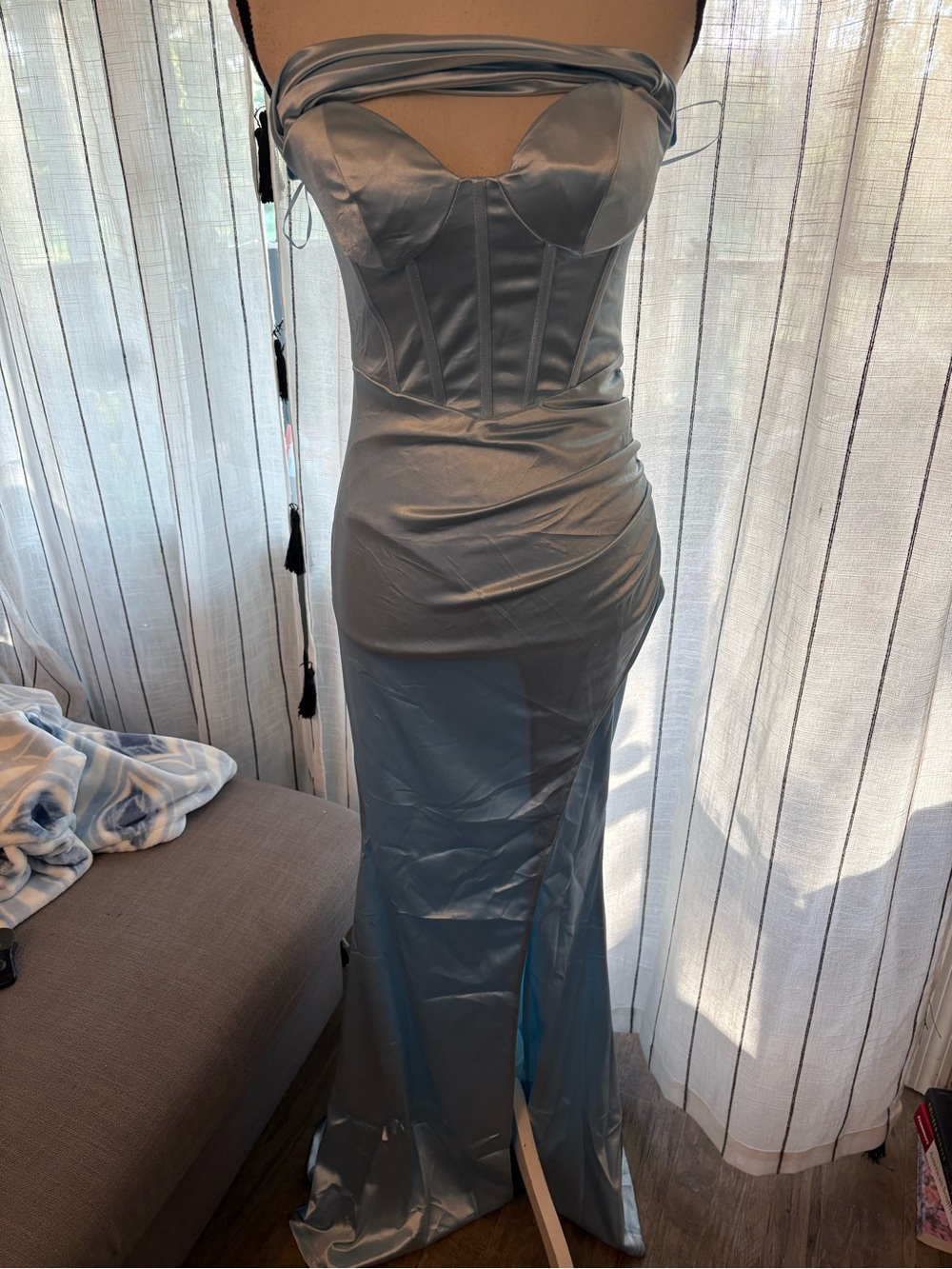 Strapless Satin Corset Prom Gown in Steel Blue
